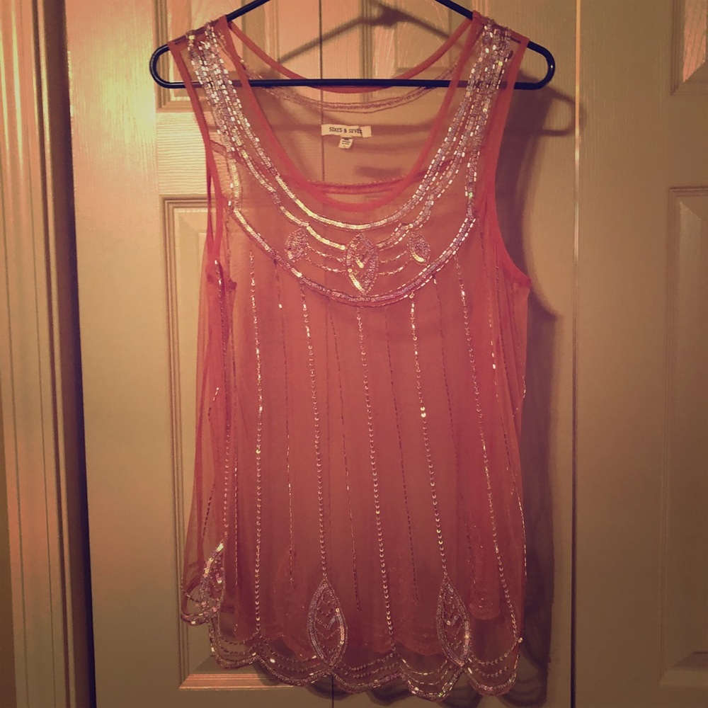 Pink embellished sheer tank
